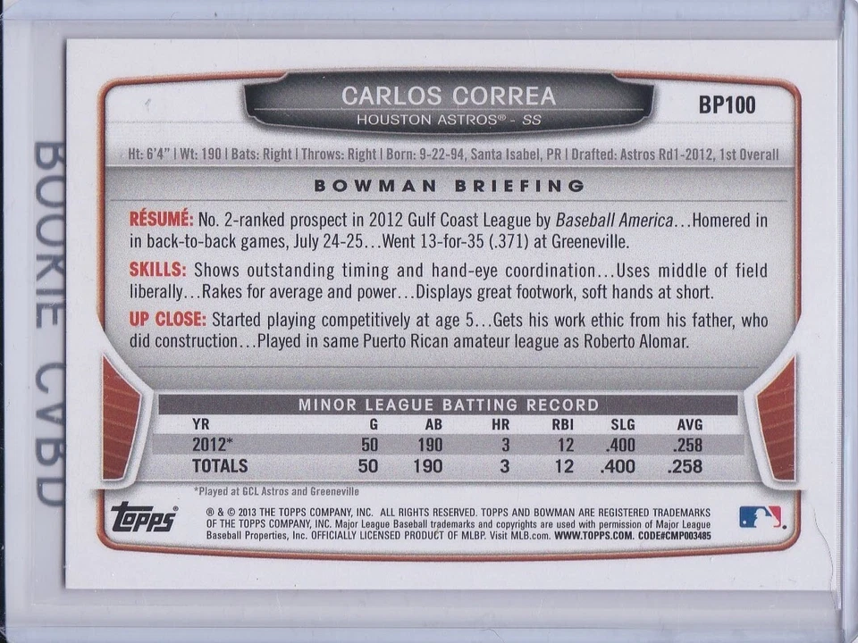 Tarjeta de novato Carlos Correa 2013 Bowman RARA PLATA HIELO $$ VARIACIÓN ¡Gemelos Astros! Foto 2 de 2