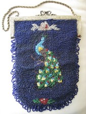 Antique Victorian Gold Frame Handmade Cobalt Blue  Peacock Beaded Fringe Purse