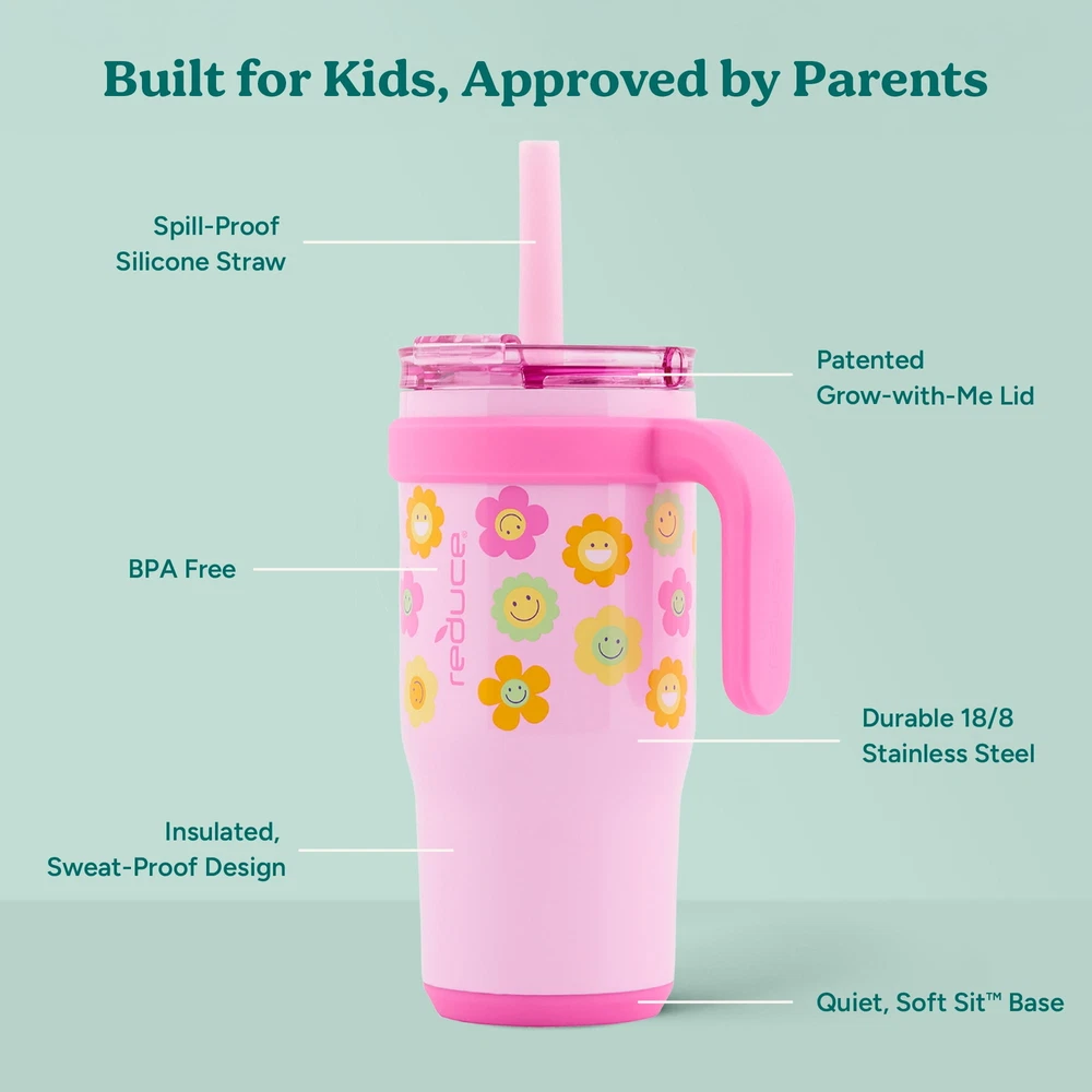Tumbler with Spill-Proof Straw & Handle. Insulated Stainless Steel 18 oz