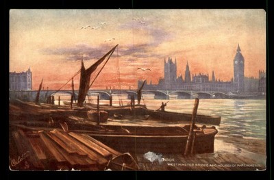 Westminster Bridge And Houses Of Parliament Boats People Dock UNP Postcard