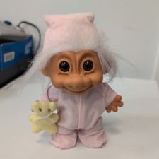 Russ Troll Doll Vintage Toy Pink Pajamas Teddy 1990s Collectible white now 