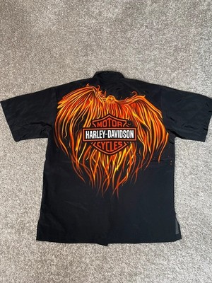 Vintage Harley Davidson Button Up Shirt Men's XL Black Fire Flame Graphic Biker
