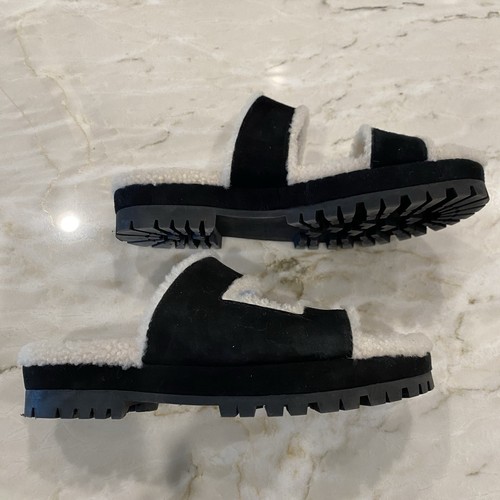 Tamara Mellon Roam Suede Sandals Shearling Black and Cream Slides Size Euro 37 - Picture 3 of 7