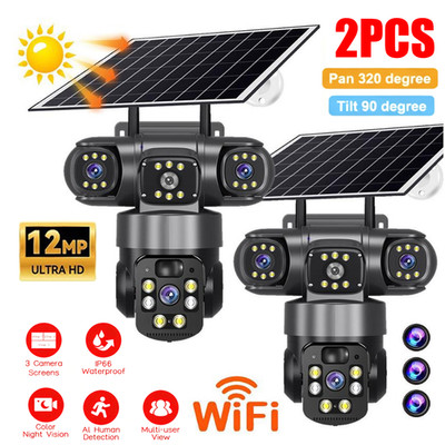3 Lens 12MP Solar Battery Home Security Camera Outdoor Wifi Wireless PTZ CCTV US