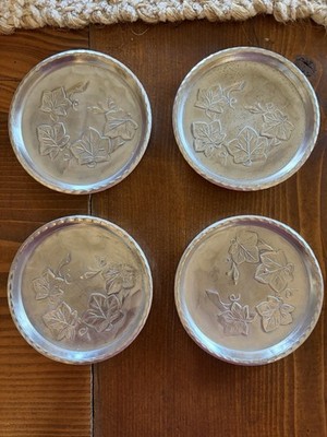 Everlast Hand Forged Hammered Aluminum Floral Coasters Vintage Set Of 4