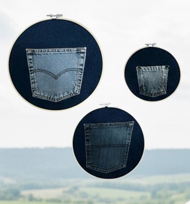 Hand Crafted bamboo hoop pockets denim wall art tro 12  9  7  New