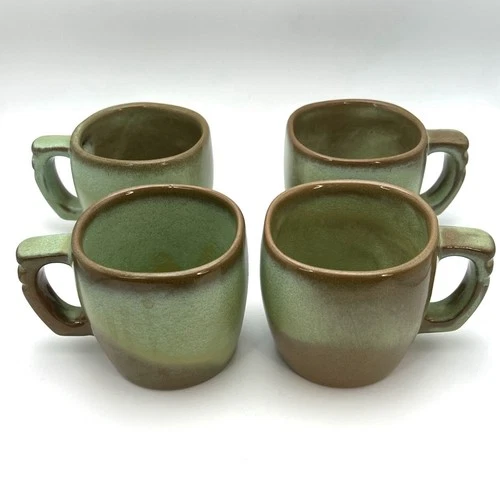 Frankoma Pottery 5C Prairie Green Plainsman Coffee Mug Set of 4 Cups Vintage