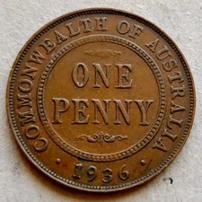 AUSTRALIA 🇦🇺 ONE (1) PENNY COIN 1936  (KING GEORGE V / 