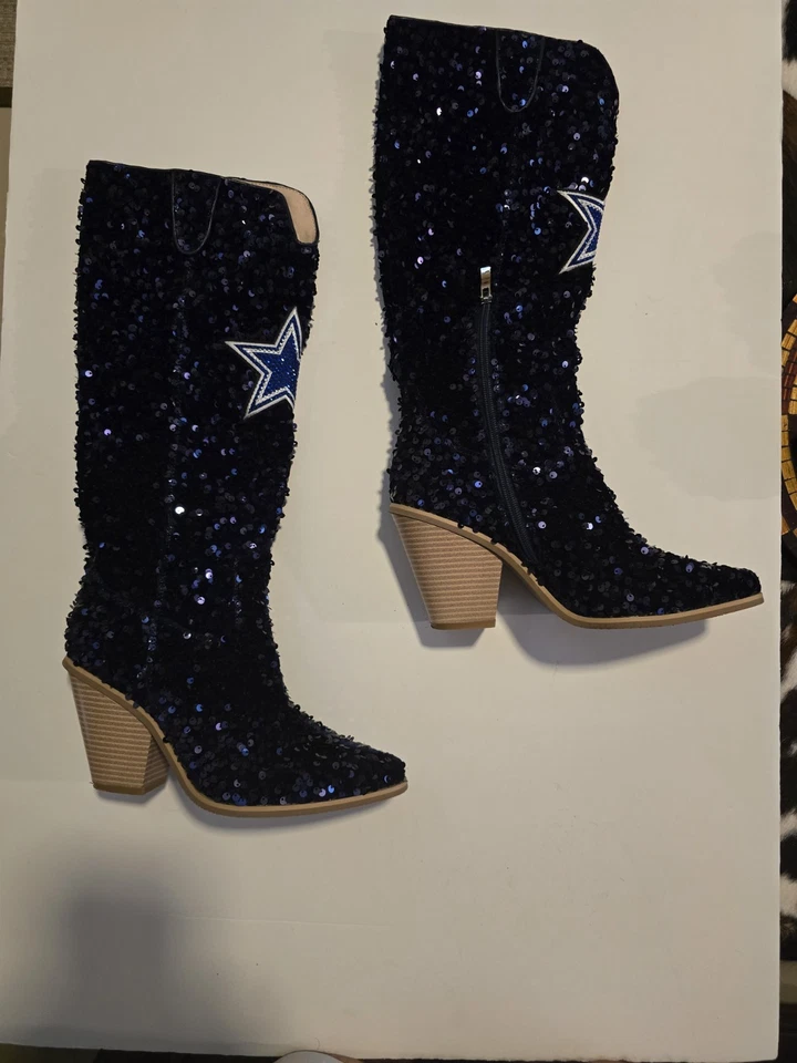 Botas hasta la rodilla Dallas Cowboys para mujer azul marino lentejuelas talla 9 Foto 3 de 4