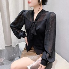 Korean Women Chiffon Patchwork Bow Tie Balloon Sleeve Sweet Tops Blouse Shirt
