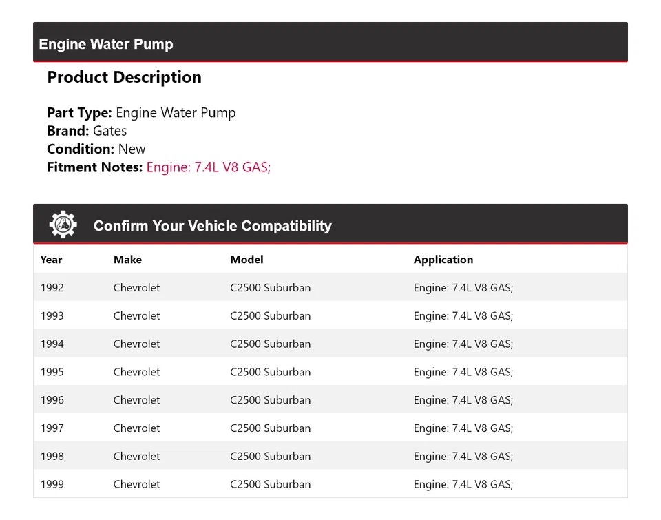 Para Chevrolet C2500 Suburban 1992-1999 7,4 L V8 motor de gas bomba de agua puertas 1993 Foto 2 de 4