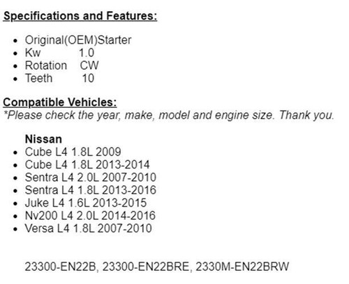Starter For Nissan Sentra 2007 2008 2009 2010 2.0 2013-14 2015 2016 1.8L 17982n - Picture 2 of 3