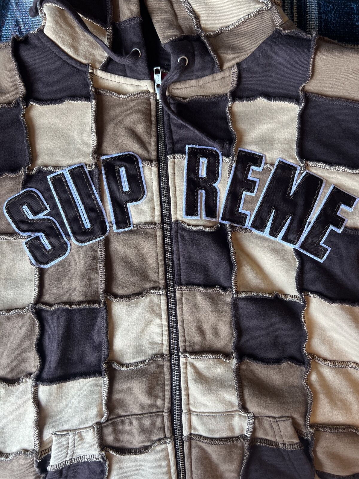 Supreme Reverse Patchwork zip up hoodie Size Small