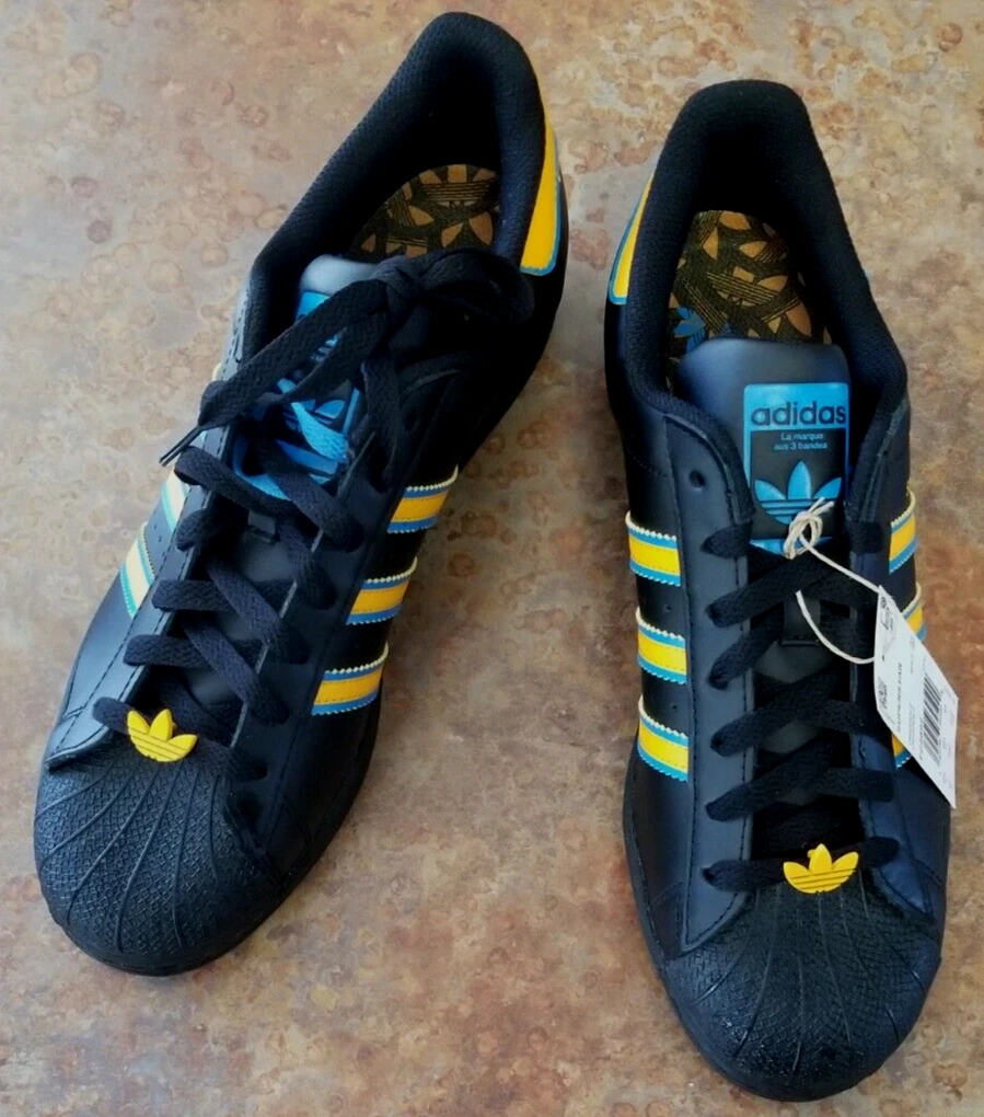 Adidas Superstar Shell Toe Sneaker Black/Yellow/Blue FZ5892 NWOB Men’s Size  10.5