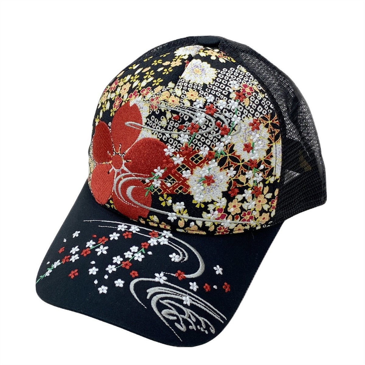 Japanese Pattern Embroidered Mesh Back Baseball Cap Flowing Water
