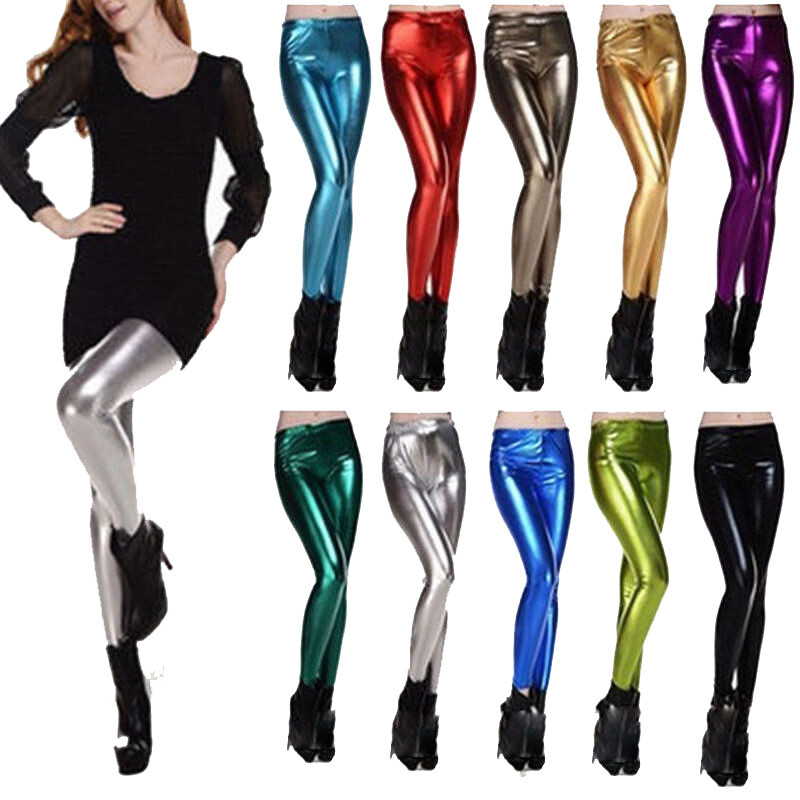 Ladies Disco Legging Stretch Shiny Metallic Wet Look Fancy Hen Dance