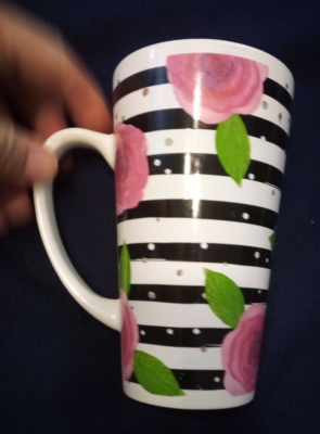 All I Need Is Coffee And Mascara Mug Cup Tall w/black stripes & pink  flowers | eBay
