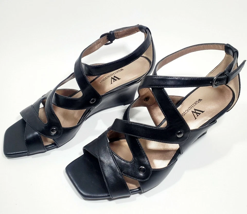 NIB WORTHINGTON MILENA Sz 7 Womens Black Strappy Wedge Sandals Shoes Square Toe - Image 4 of 4