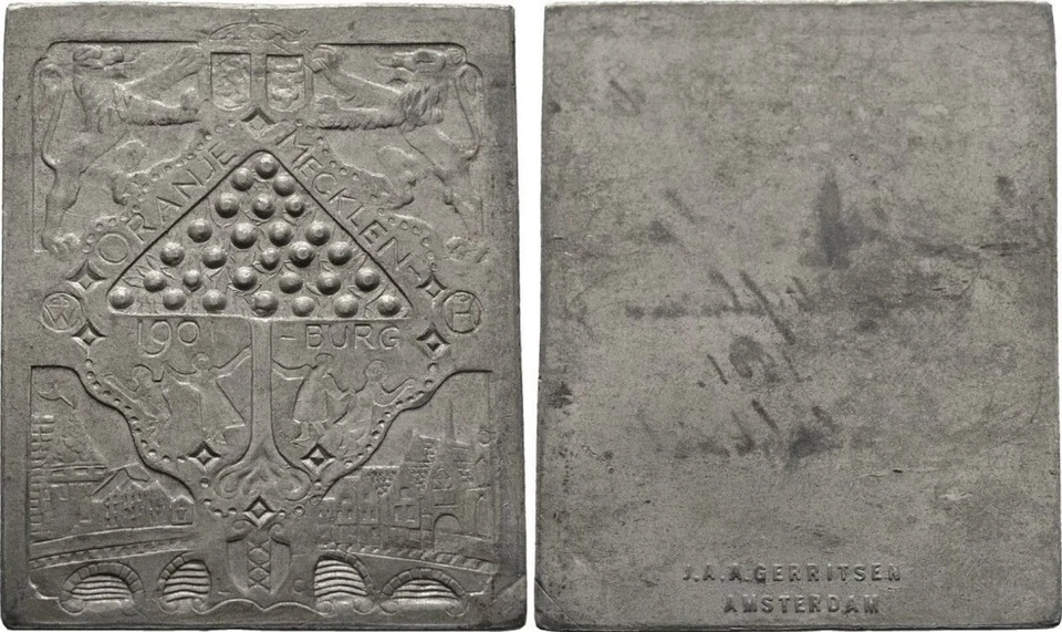 4eckige Plakette Hochtzeit von Wilhelmina und Heinrich von Meckl.-Schwerin 1901 - Bild 1 von 1