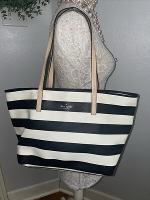 Kate Spade Black/White Wide Striped Purse Tote Bag Pink /Tan