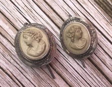 Victorian Silver Lava Cameo Hook Earrings ABLZX