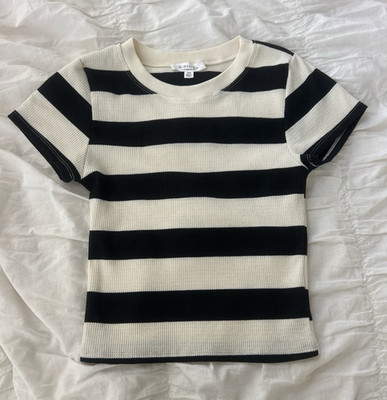 KIRIOUS Los Angeles Womens XS Black White Striped Crew Neck Knit T-Shirt