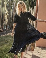 Doen Minetta Midi Dress NWOT Black Embroidered With Belt Size XS