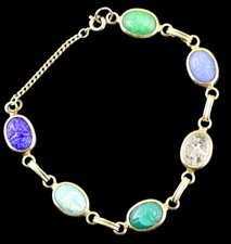 Vintage Egyptian Revival Scarab Bug Bracelet Multi Color Glass Crystal Link