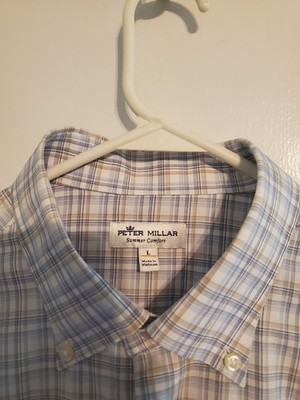 Peter Millar Summer Comfort Mens Large Light Blue Plaid Long Sleeve Button Down