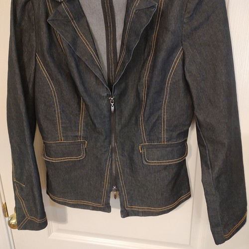 Bisou Bisou Blue Denim Dark Wash Blazer Jacket Zip Up Notch Lapels Women's Sz M - Picture 4 of 10