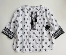John Mark Tunic Top Embroidered Split V-Neck 3/4 Sleeve Tassel Linen White 2X