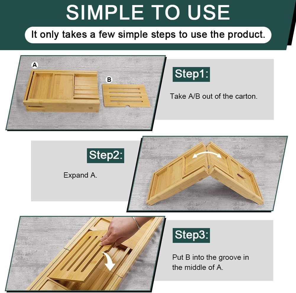 Eco-Friendly Bamboo Bathtub Tray - Stylish Collapsible Caddy for Bath Essentials thumbnail 9
