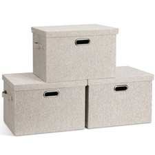 Large Quart Collapsible Stackable Storage Bins with Lids, 3 Packs Beige Linen...