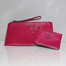Michael Kors Red Pebbled Leather Wristlet Pouch Wallet  Card Holder Set NWOT