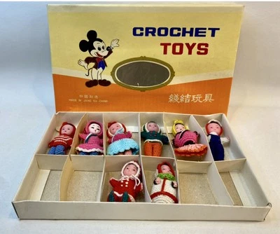 Vintage Set Of 8 Miniature Disney Small World Crochet Toy Dolls Rubber Face: EUC - Image 1 of 4
