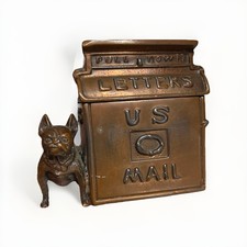 Antique Miniature Metal US Letter Mailbox Stamp Holder Vintage Stamp Box W Dog
