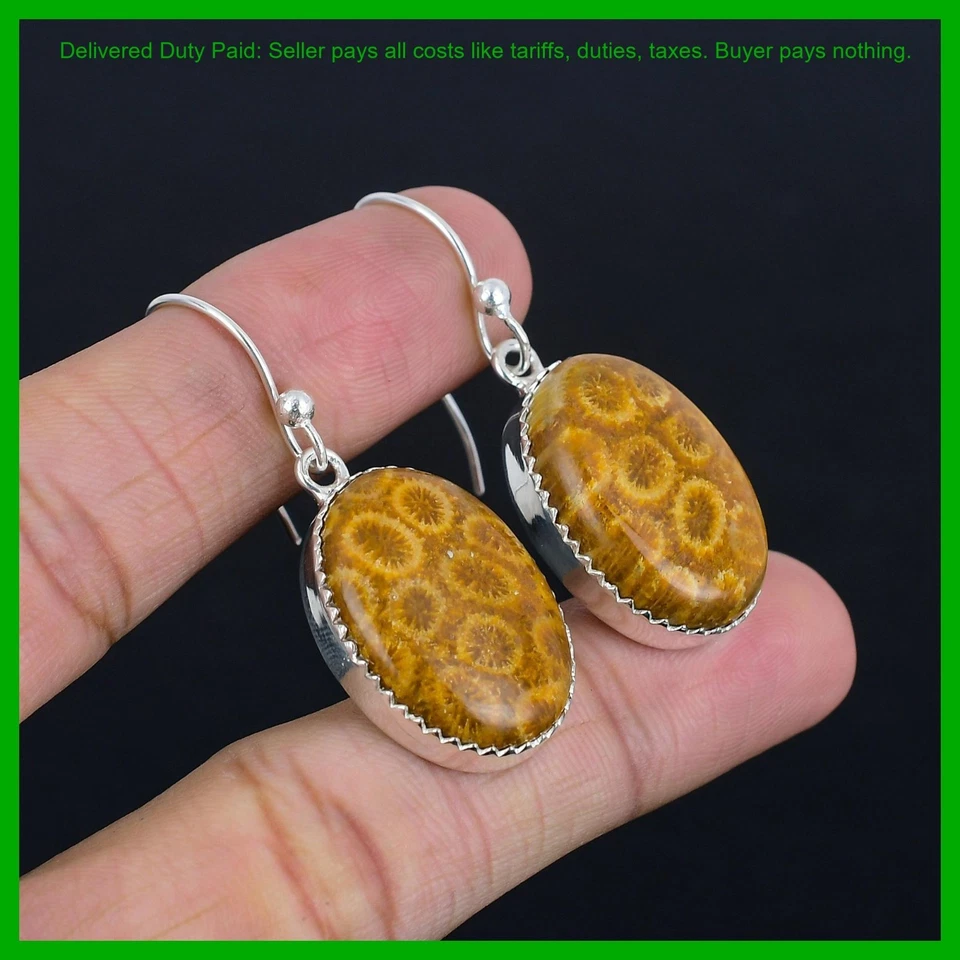 Pendientes boho colgantes Art Deco de piedras preciosas de coral fósil ovalados de plata 925 joyería Foto 4 de 4
