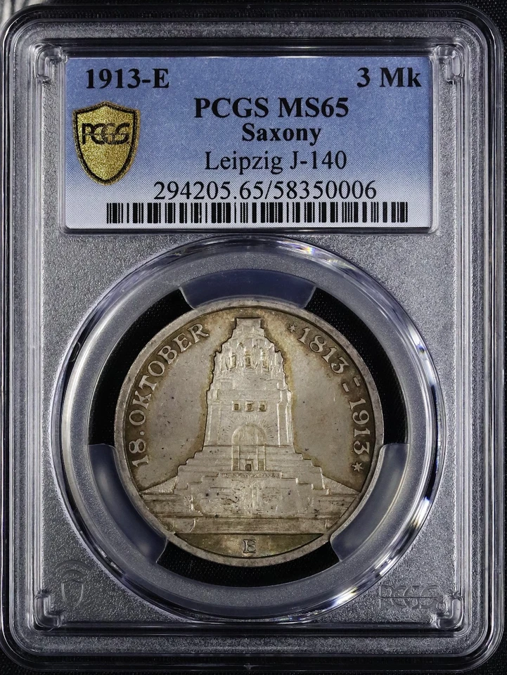 Kaiserreich Sachsen 3 Mark 1913 E Völkerschlacht Leipzig PCGS MS65 - Bild 1 von 2
