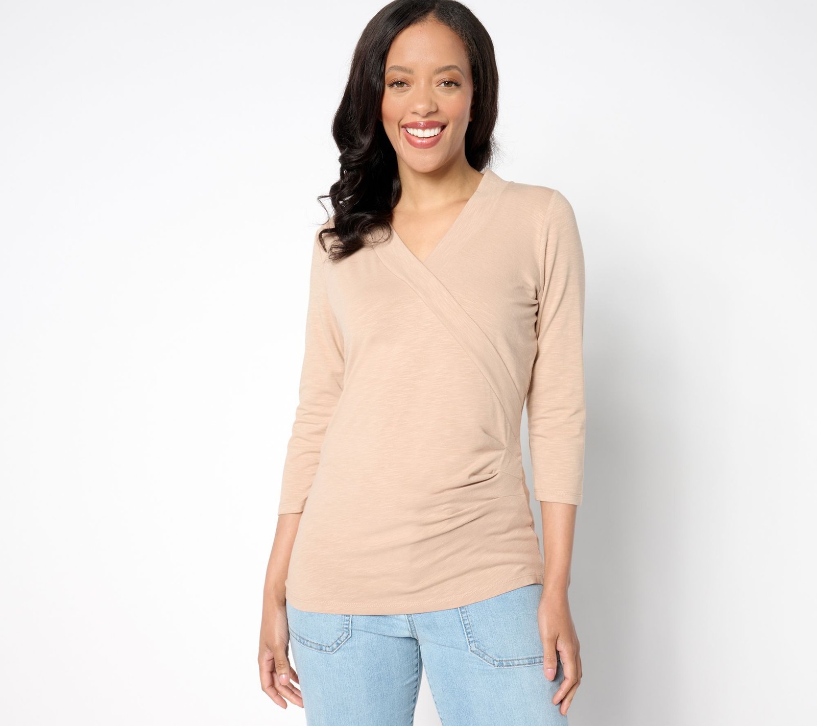 Belle by Kim Gravel Women's Top Sz S Slub Knit Faux Wrap Brown A651235