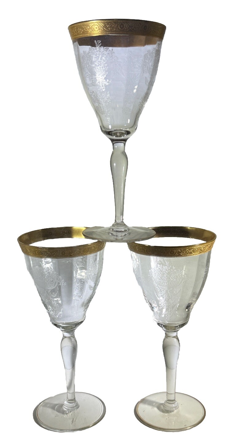 Set Of 3 Tiffin Franciscan Water Goblets Wine Glasses Encrusted Gold Rim Etched