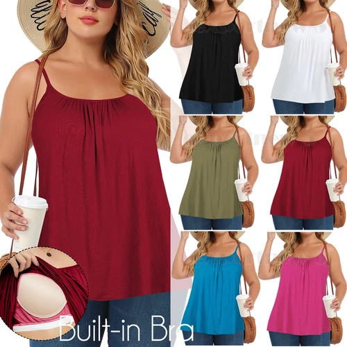 Women Plus Size Vest Swing Flowy Cami with Built in Bra Seamless Strap Tank Tops - Picture 1 of 51