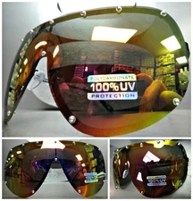 OVERSIZED Modern RETRO SHIELD Style SUN GLASSES Huge Gold Frame & Polarized Lens