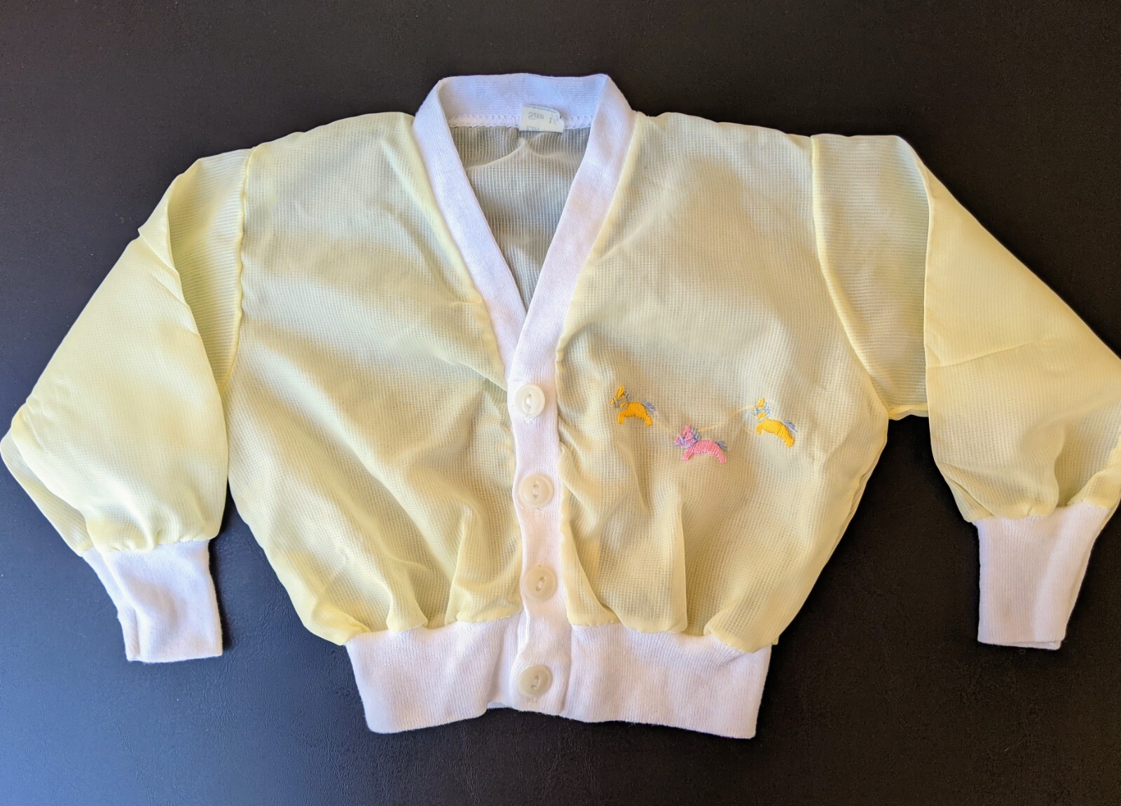 Giacca cardigan vintage neonato letterman ricamato pony giallo semi trasparente