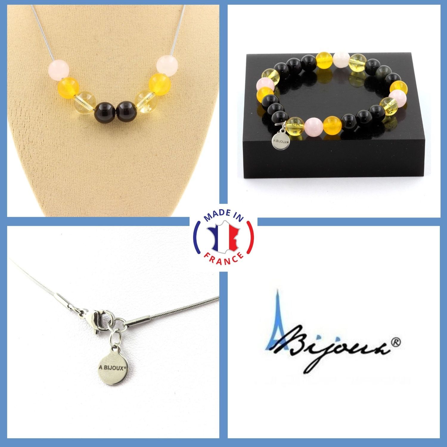 Bracelet et collier en obsidienne noire et agate jaune sur mesure