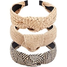Straw Headband for Women, 3Pcs Top Knot Headband, Summer Beach Color 1