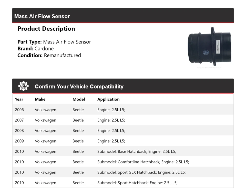 For 2006-2010 Volkswagen Beetle 2.5L L5 Mass Air Flow Sensor Cardone 2007 2008 - Image 2 of 4