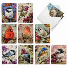 20 Assorted Blank Notecards Bulk Set 4x5.12" w/Envelope (10 Designs) Bold Birds