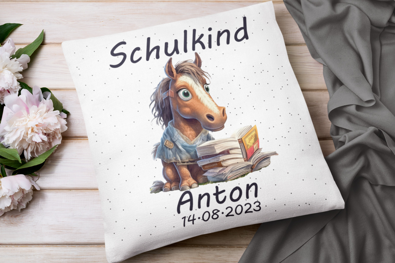 Einschulungs Geschenk | Kissen mit Namen Mädchen Jungen| schulkind pferd