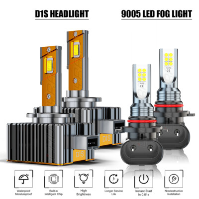 4Pcs 6000K White D1S HID Headlight Bulbs + 9145 LED Fog Light Combo For Cadillac DTS 2006-2011, 6000LM, 50W, 9-32V