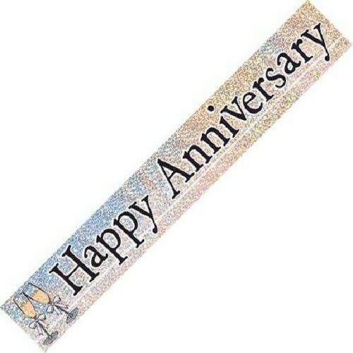 Happy Anniversary Foil Banner Black Silver Sparkly Wedding Party Decoration